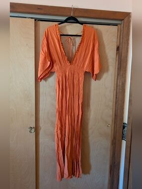 Forever 21 Orange V-Neck Maxi Dress with Flutter Sleeves